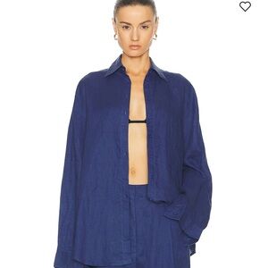 Aexae Women's Linen Button Down Shirt Tunic in Navy Blue